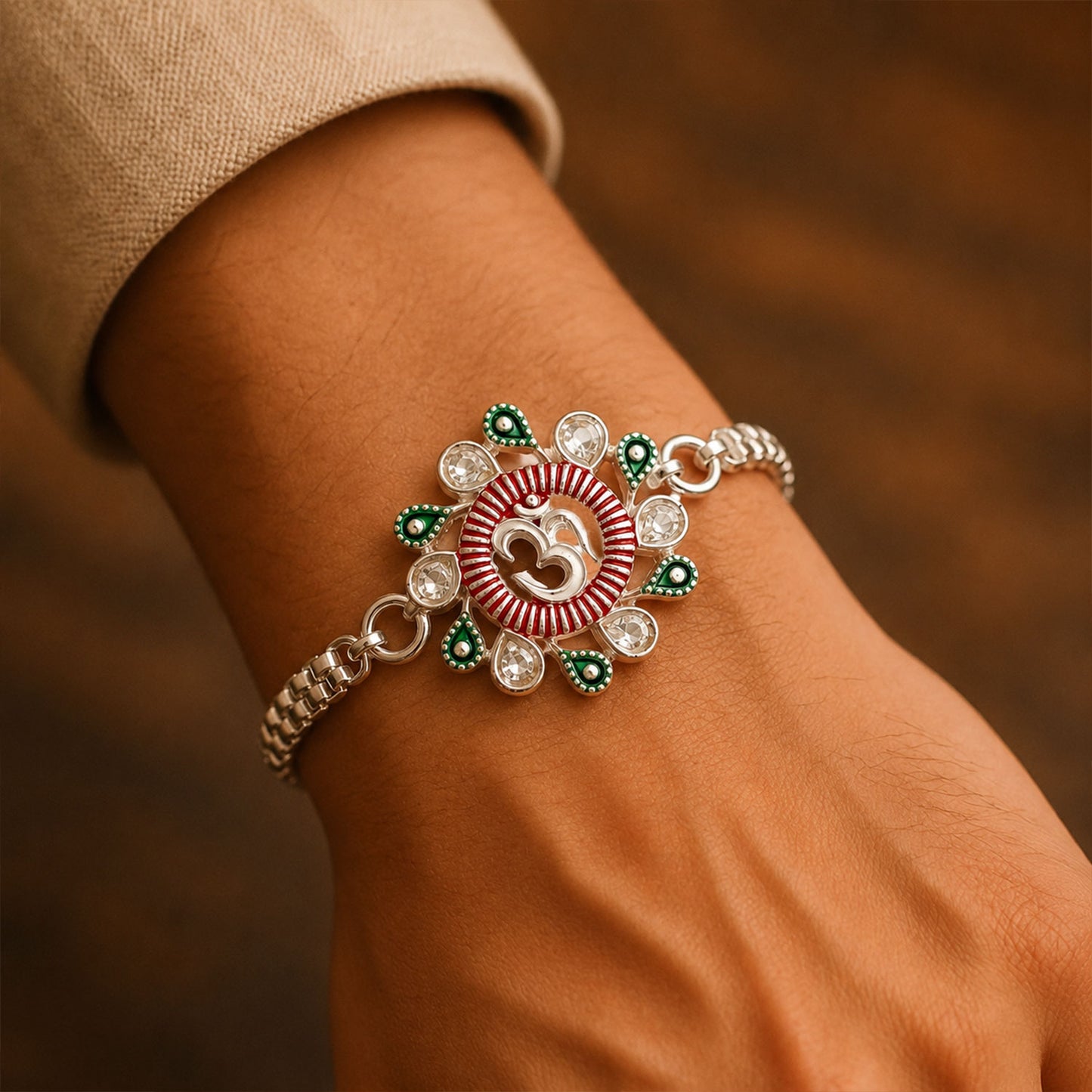 Close-up of Floral Om Rakhi showcasing intricate details and thread work.