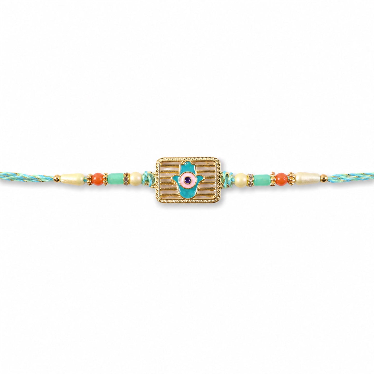 Evil Eye Square Charm Rakhi with Turquoise Beads and Modern Festive Gift Style Ideas
