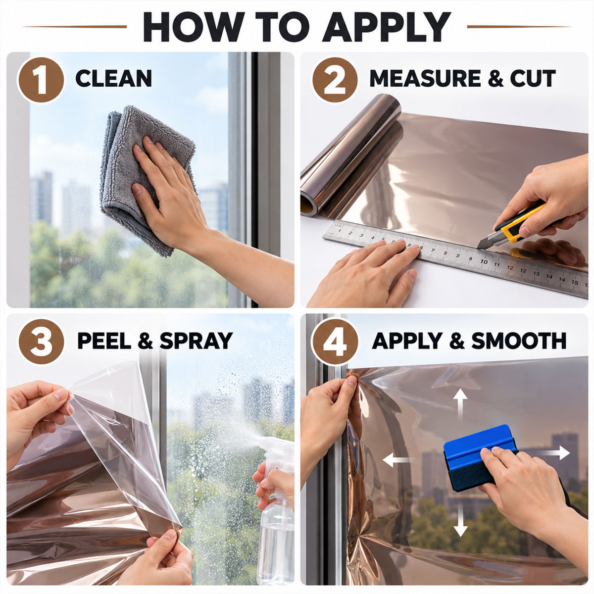 Four-panel guide demonstrating how to apply window film: clean, measure, peel and spray, then apply and smooth.