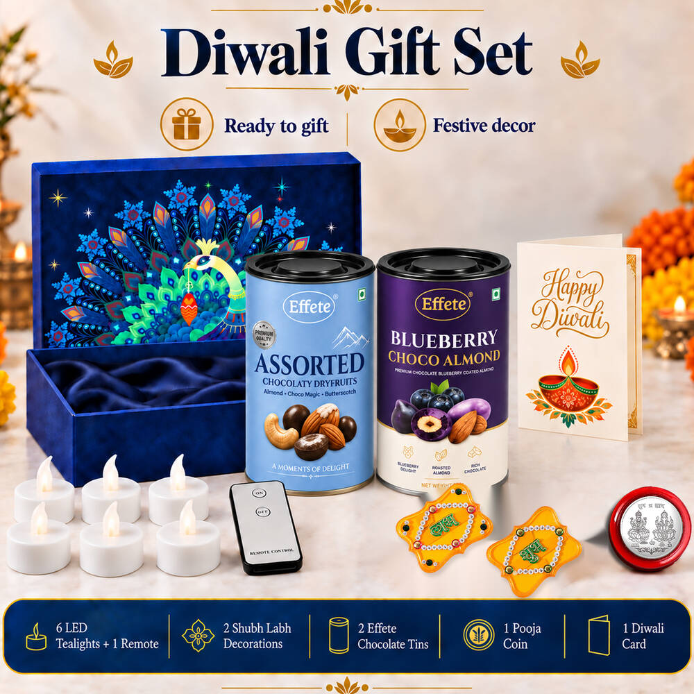 A Diwali gift set with a blue box, two chocolate tins, a card, six tealights, a remote, two yellow decorations, and a red