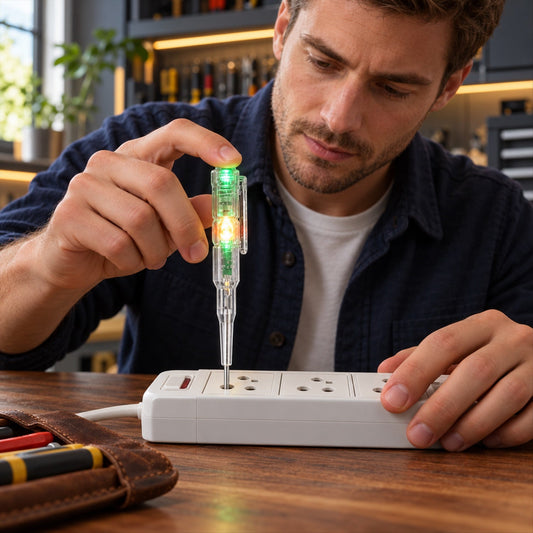 A man uses a transparent electrical tester screwdriver with a green light indicator on a white power strip.