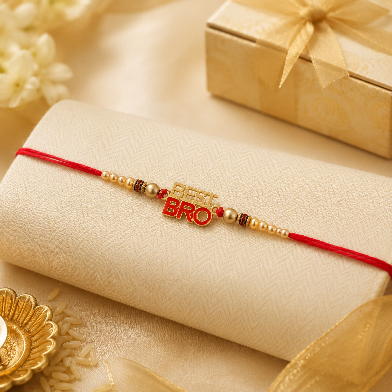 Best Bro Text Rakhi with Gold Letters and Neat Pearl Beads