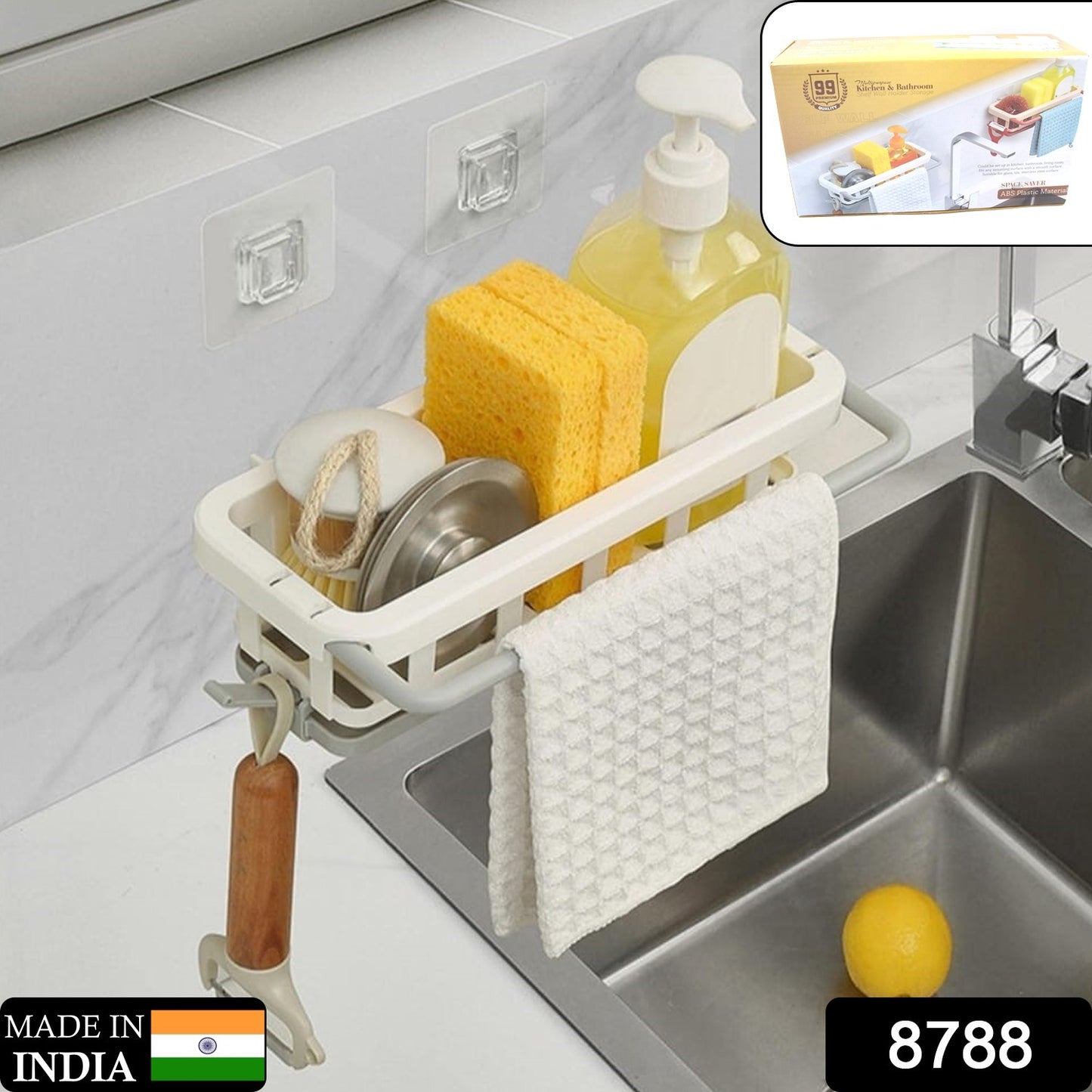 Adhesive hook installed hanging rack with sponges and dishcloth
