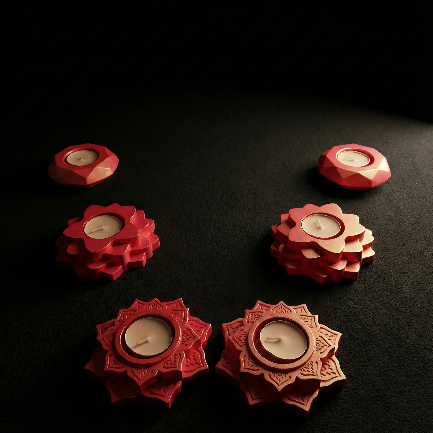 Lotus ,4-Step Diamond shaped combo gypsum articles – Multi-Purpose Diya, Dhoop Cone Stand & Mini Planter (Pack of 6 - Rose Gold, Metallic Pink)