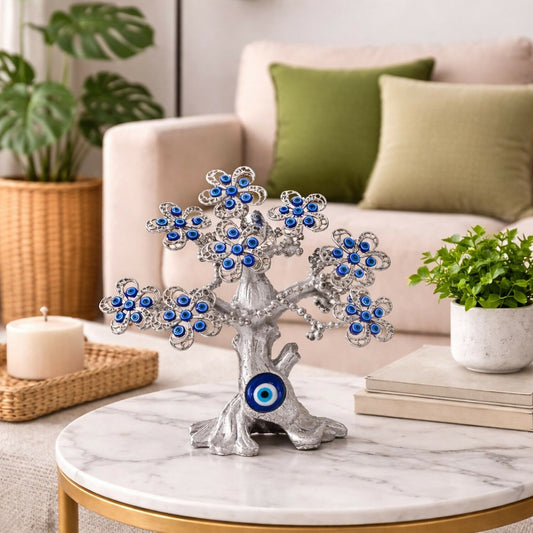 Silver Evil Eye Tree Showpiece for Home Decor, Luck & Protection
