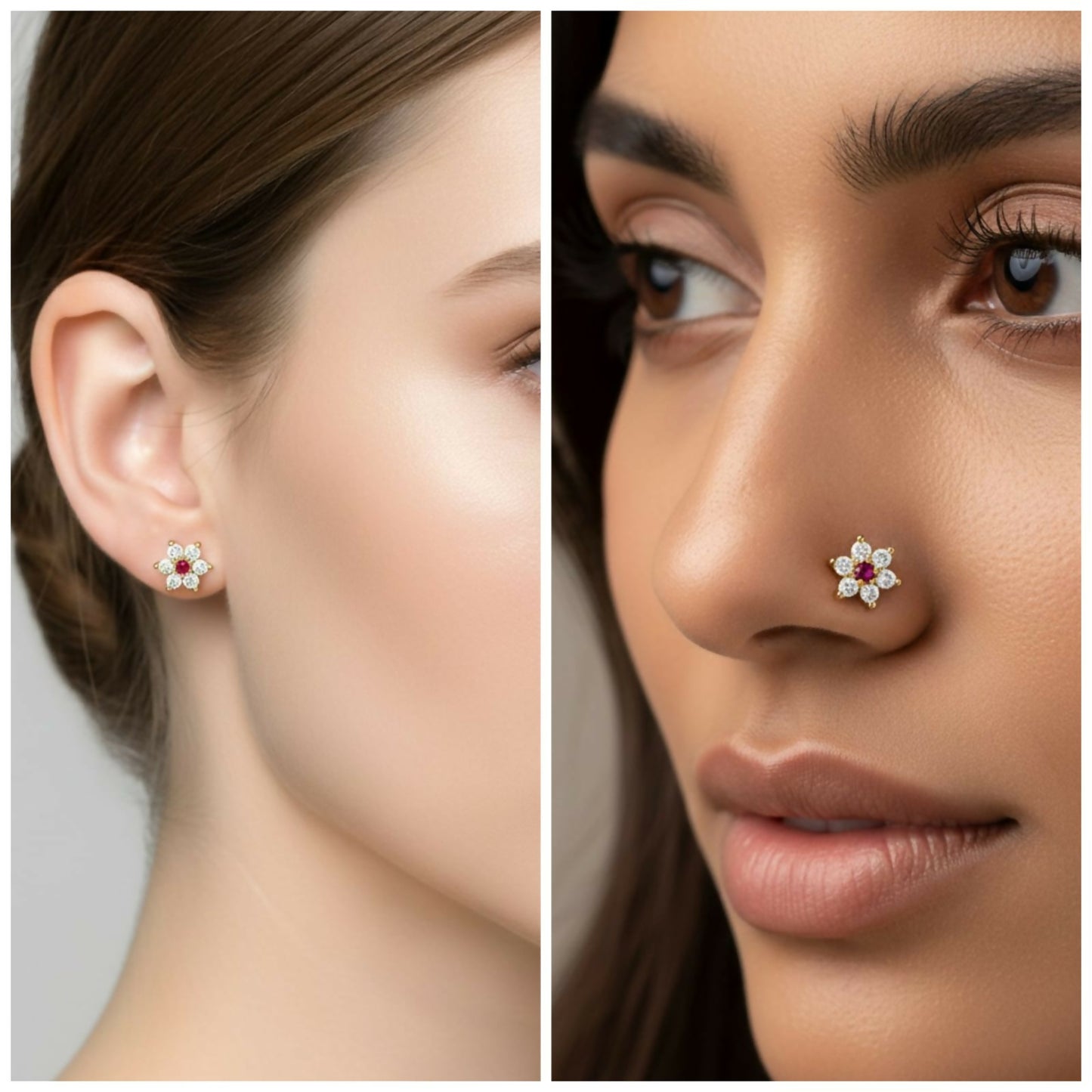 Gold Plated Ruby Floral Labret AD nosepin Stud Combo Pack of 2
