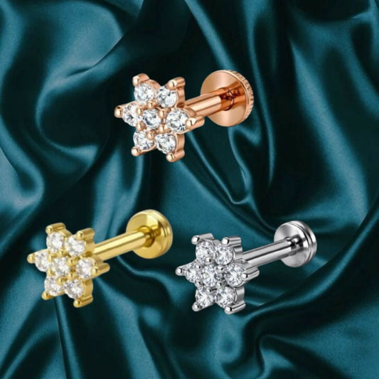Gold, silver and rose gold plated Flower Labret AD nosepin Stud Combo Pack of 3