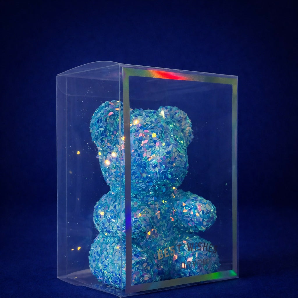 Blue Glitter Teddy Bear Showpiece with Transparent Gift Display Box