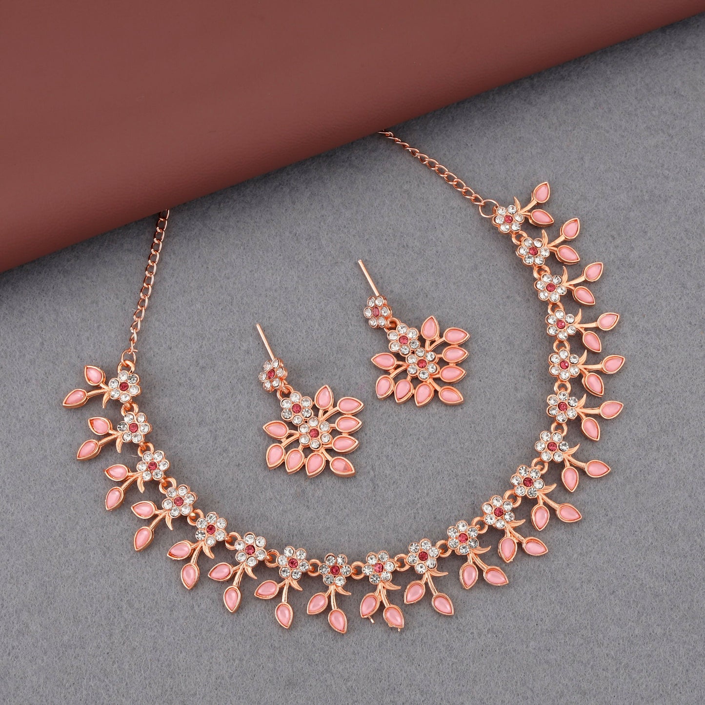 Romantic Rose Gold-Toned Pink Enamel Floral Set