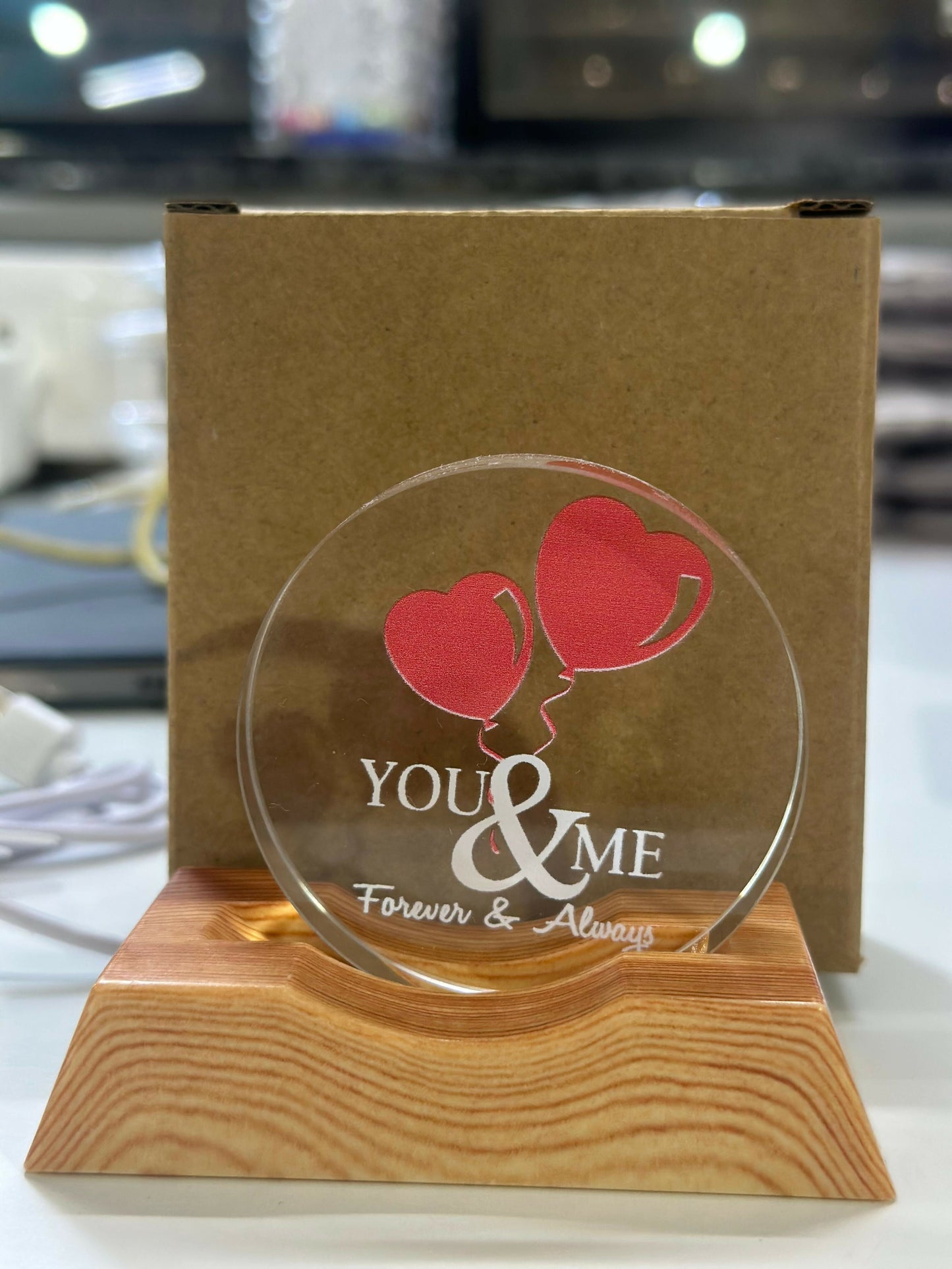 You & Me Forever LED Acrylic Lamp with Wooden Base | Romantic Night Light