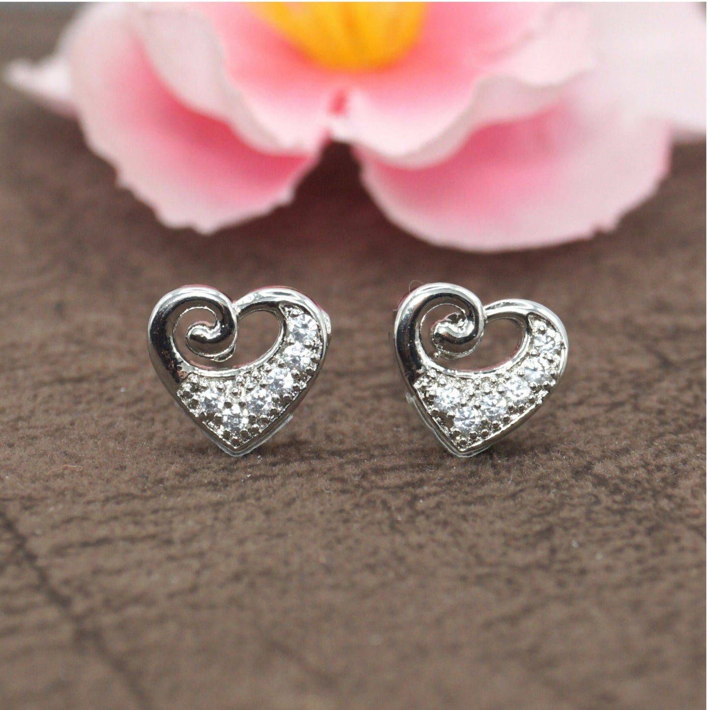 Sterling Silver Heart Stud Earrings with AD for women and girls
