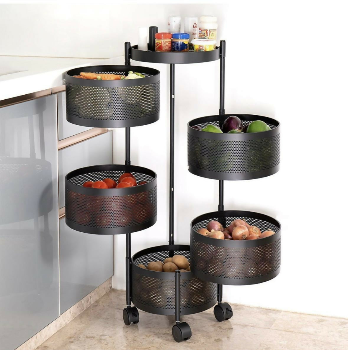 Compact Round 5-Basket Kitchen Trolley with Ventilated Mesh & 360° Swivel Wheels