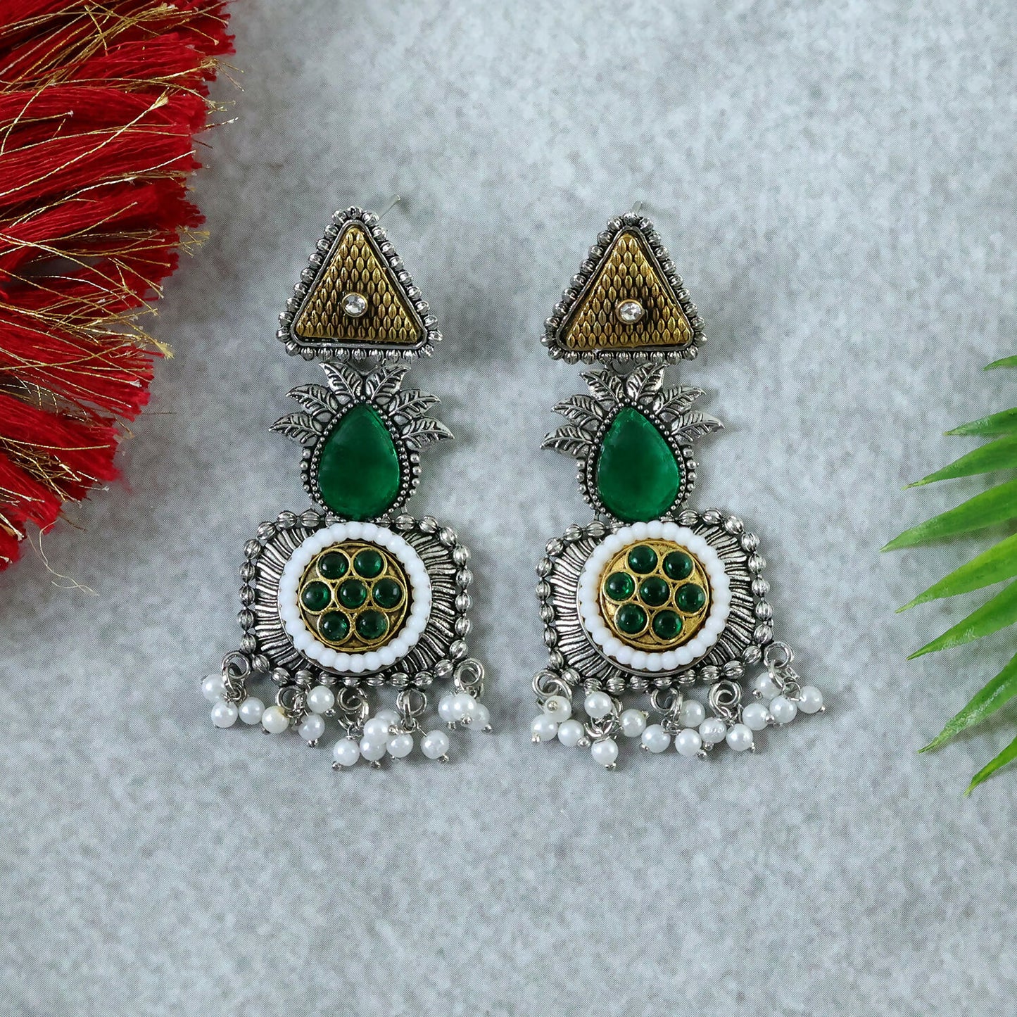 Elegant Oxidized Silver Earrings with Green Stone & Pearl Drop Fringe