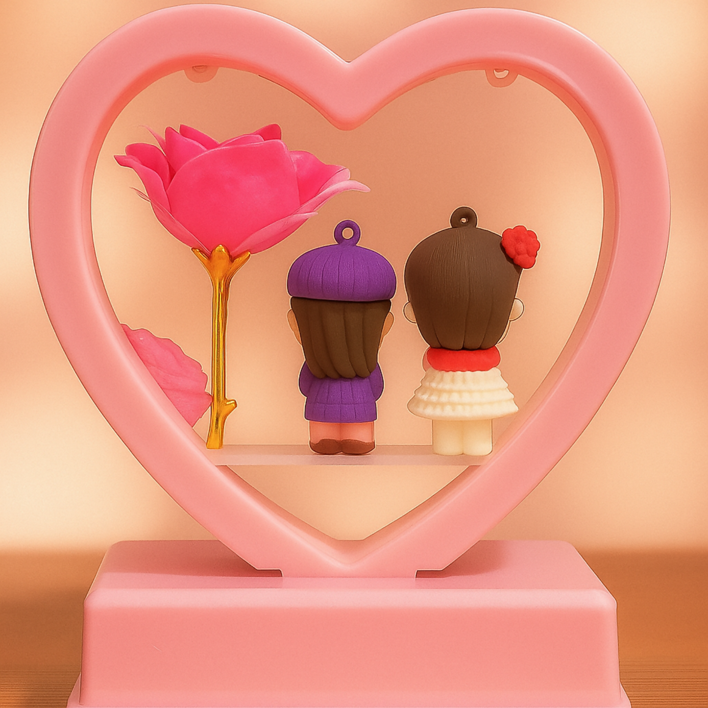 Romantic Heart LED Couple Showpiece with Pink Frame & Pink Rose | Cute Love Figurine Light for Bedroom, Anniversary, Valentine, Wedding & Home Decor Gift