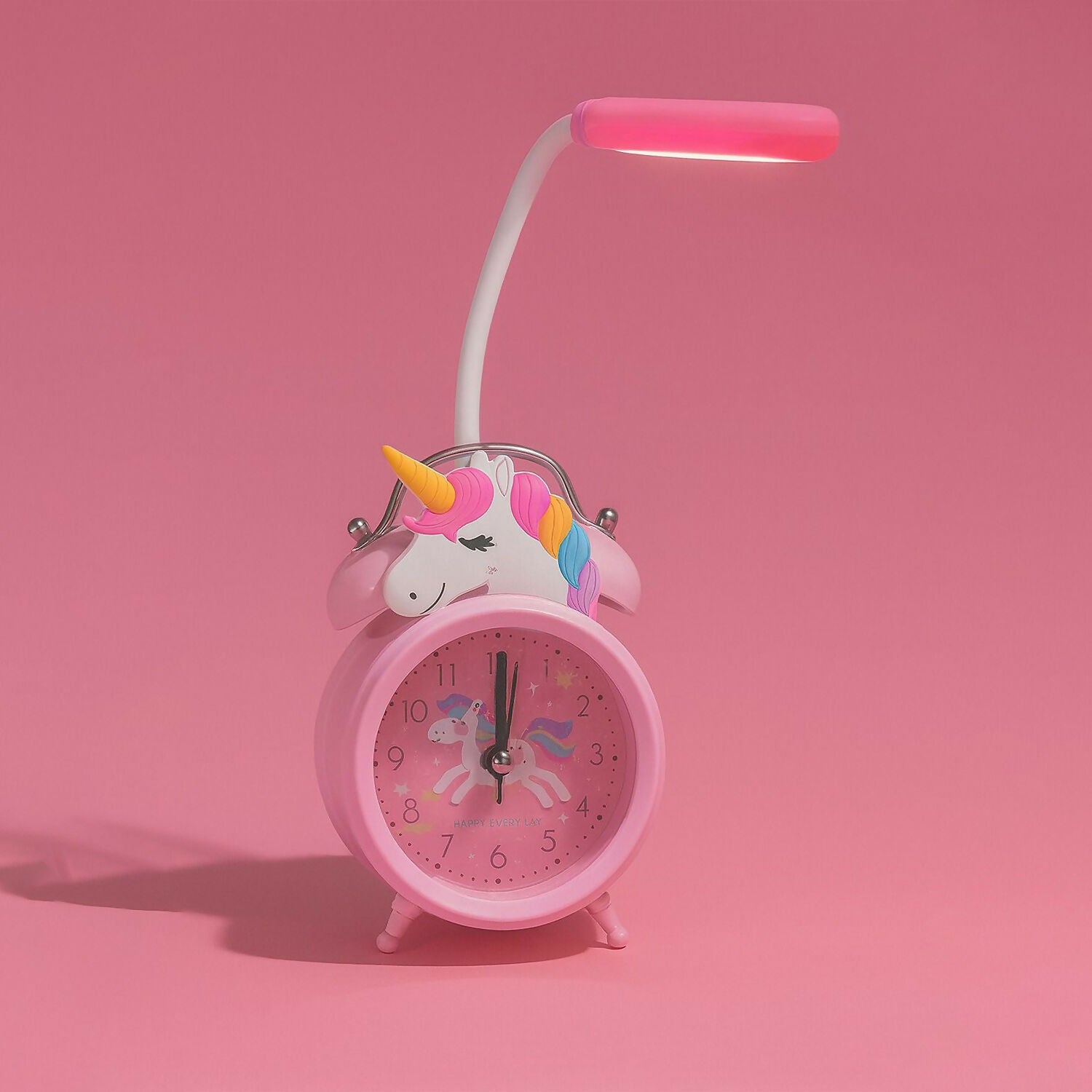 Cute Unicorn Kids Alarm Clock with LED Night Lamp – Pink Cartoon Bedside Table Clock for Girls, Kids Room Decor, Study Desk, Wake-Up Alarm with Flexible Reading Light – Battery Operated