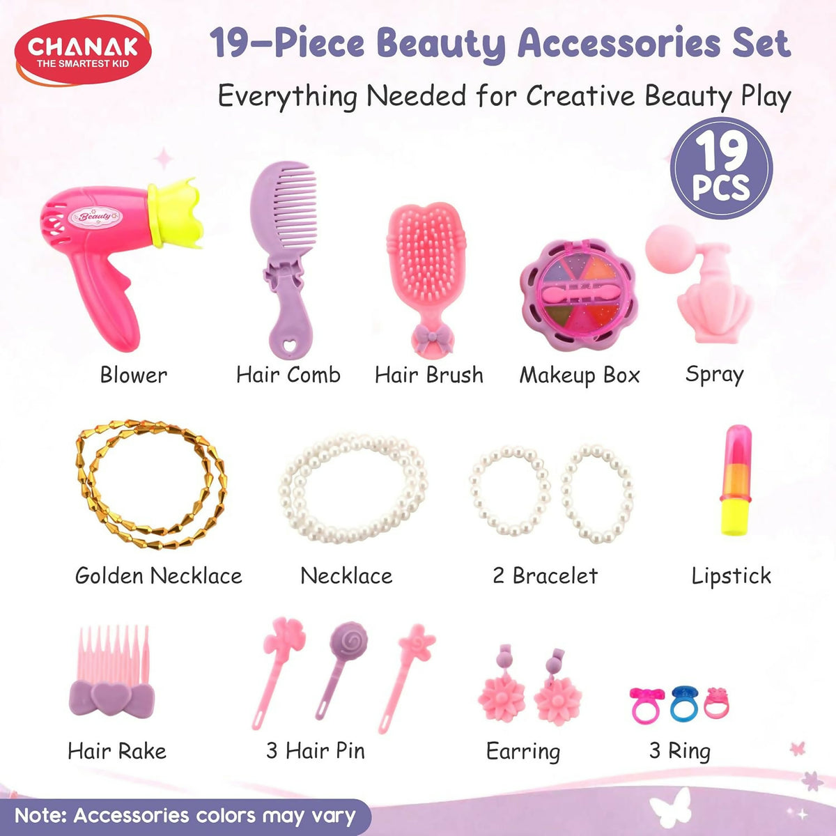 A display of 19 beauty accessories including a toy hair dryer, comb, brush, makeup box, spray, and various jewelry items.