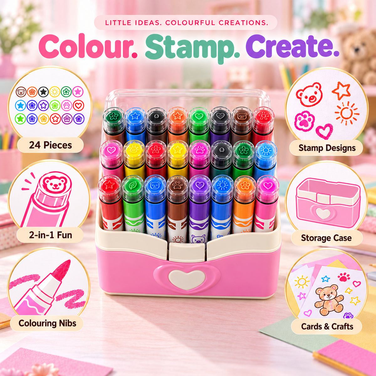 Dual End Colour Sketch Marker Pens with Stamp Designs and Case (24 Pc)