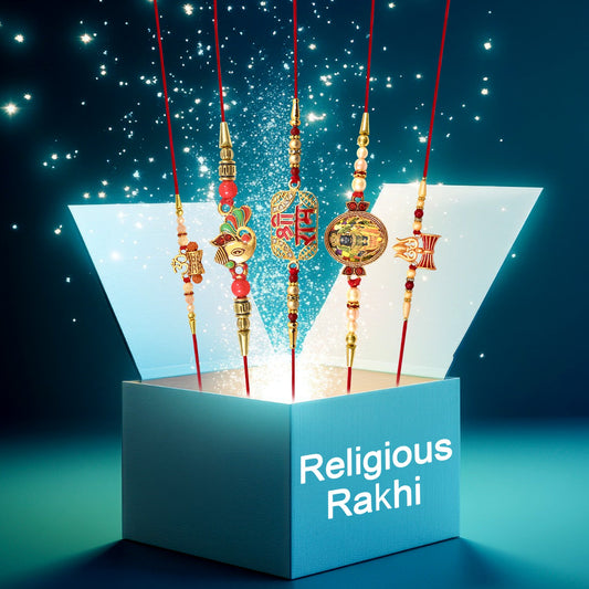 Traditional religious rakhi with red thread and decorative centerpiece