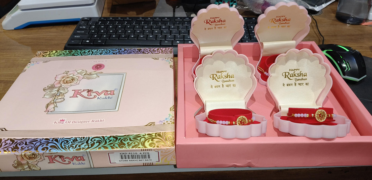 4 Pc Om Rakhi Set with Gold-Plated Dial, Pink & Red Beads – Premium Designer Gift Box for Raksha Bandhan