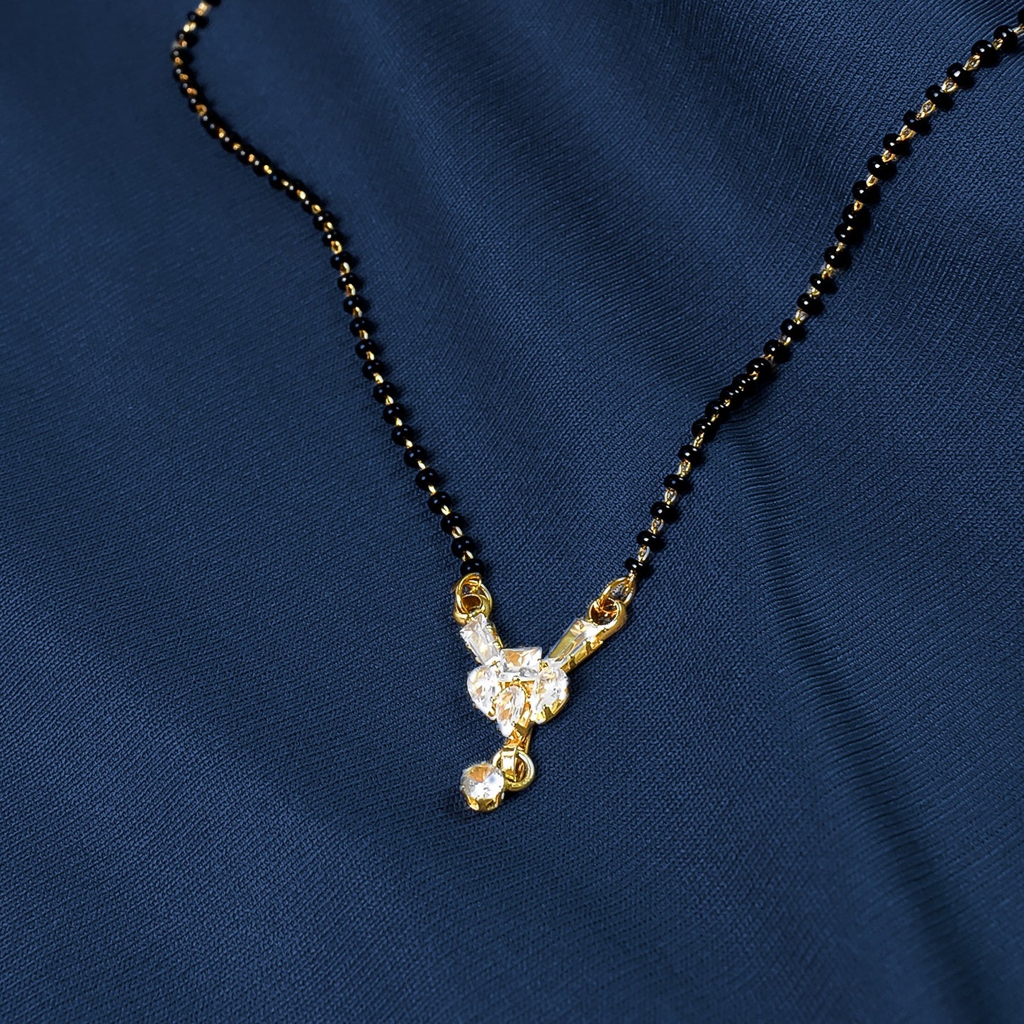 American Diamond Floral Mangalsutra – Black Beaded Chain, Delicate Design for Women, Perfect for Gifting