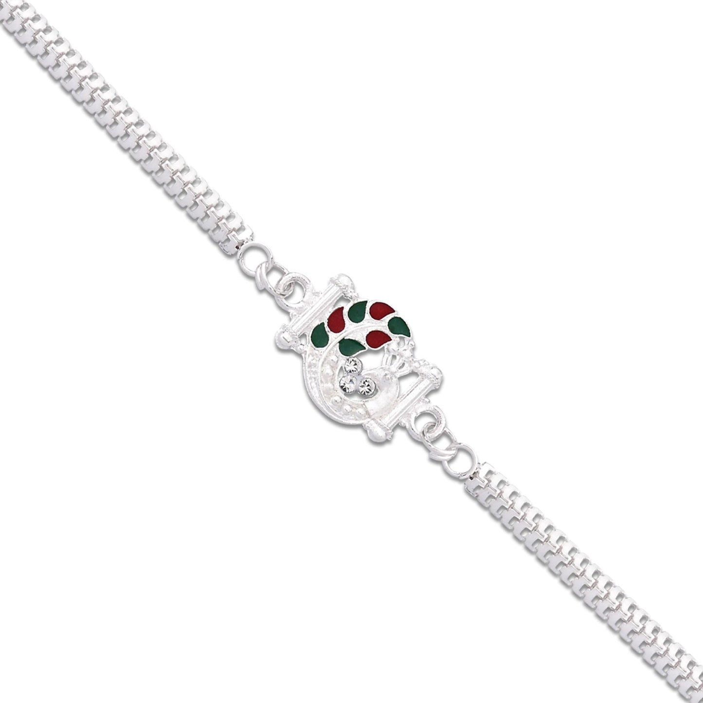 Silver Mor Peacock Meenakari Enamel Crystal Chain Rakhi (10pcs)