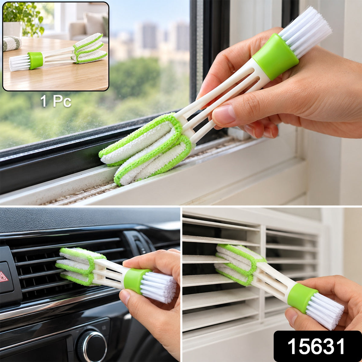 A hand holding a white and green 3-in-1 cleaning brush, using the microfiber side to clean a car vent.