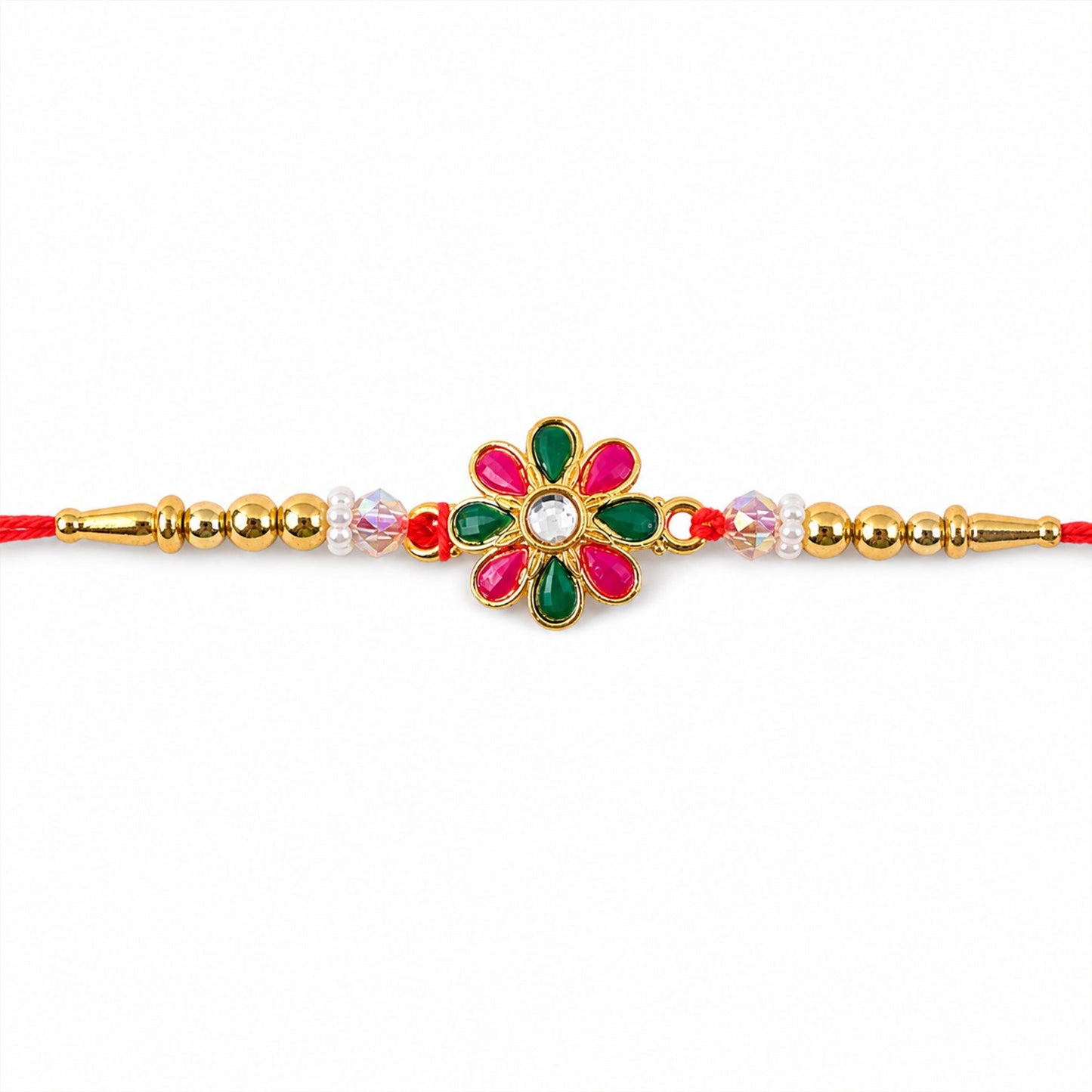 Radiant Floral Rakhi Adorned with Pink-Green Stones, Pearls and Gold-Tone Beads (10pcs)