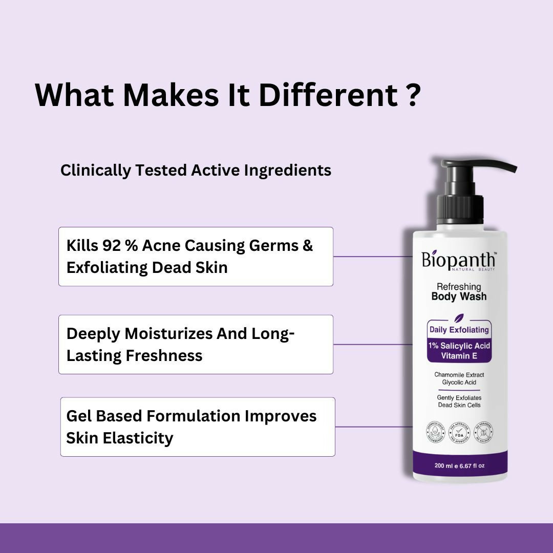 Bottles of refreshing body wash with energizing fragrance on a bathroom shelf.