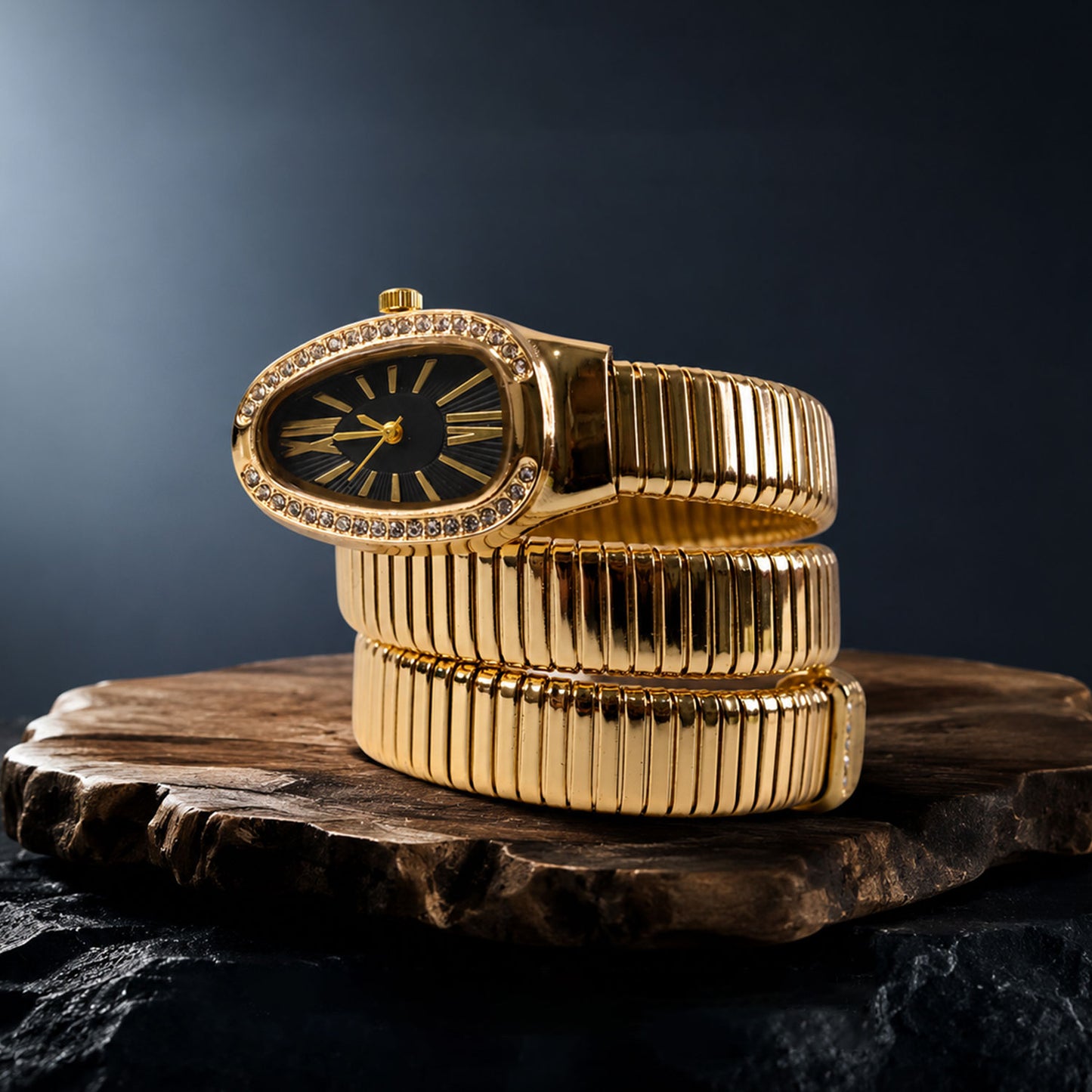 Gold Oval Snake Style Bracelet Watch with Black Dial and Crystal Border Design