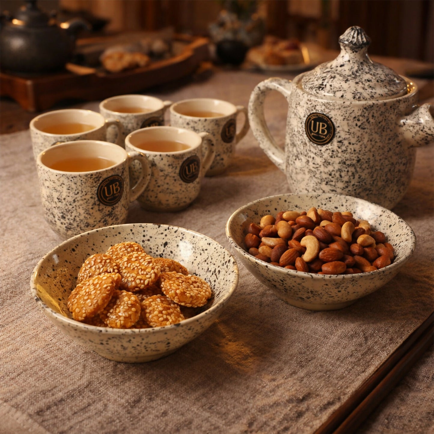 Elegant Ceramic Tea Set with Teapot, 6 Cups and Serving Bowls for Home Dining & Serving