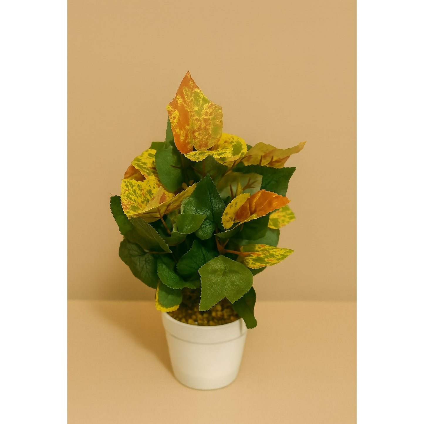 Artificial Decorative Plant with Dual-Tone Leaves in White Pot – Realistic Faux Indoor Tabletop Plant for Home, Office, Living Room, Bedroom, Study Table, and Gifting – Low Maintenance Greenery
