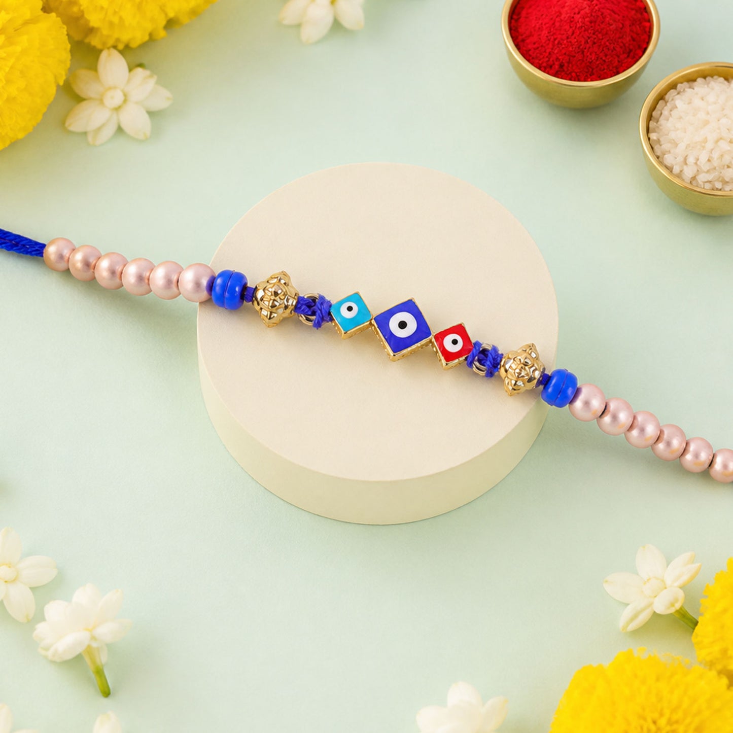 Triple Square Nazar Evil Eye Pearl Beads Designer Rakhi
