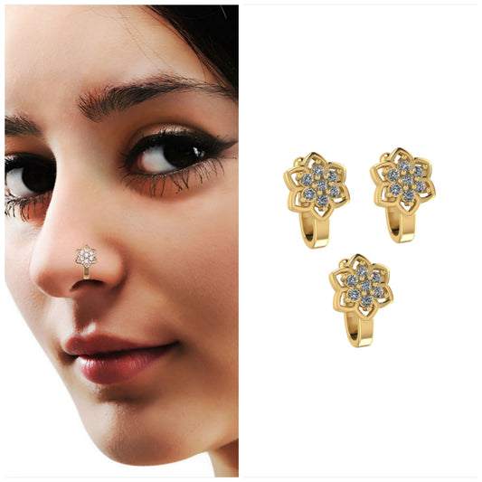 Gold-Plated Flower CZ Non-Piercing Nose Clip Set Pack of 3