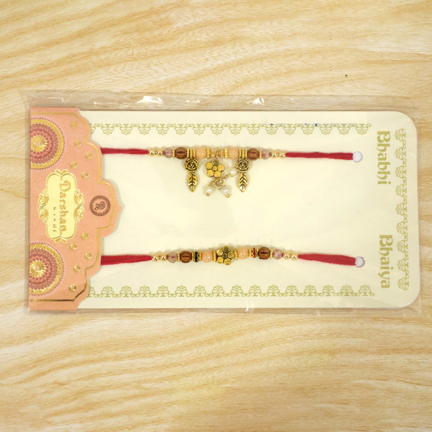 Floral Rose Lumba Couple Rakhi Set with Peach and Wooden Beads for Bhaiya Bhabhi