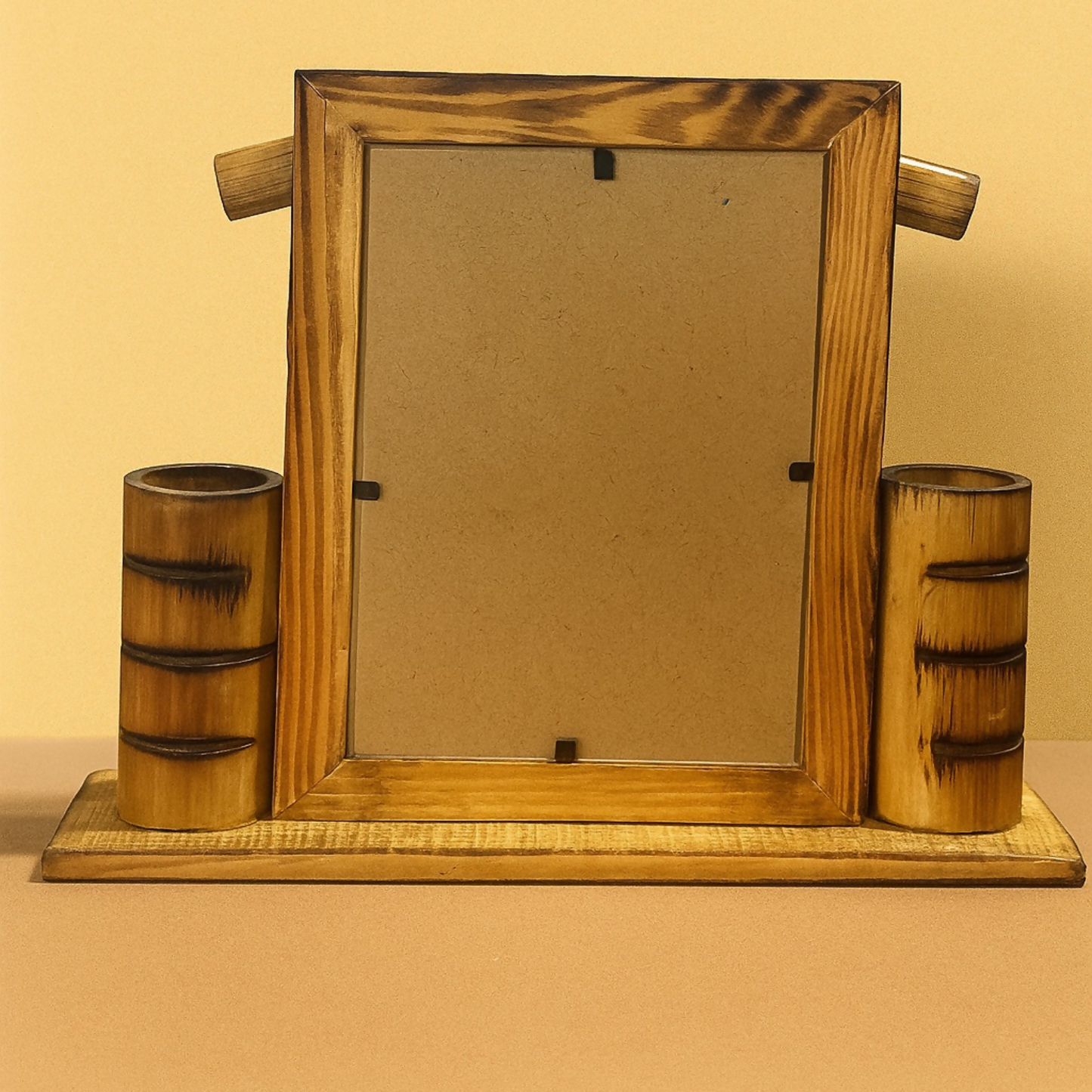 Wooden Hut Shaped Photo Frame with Dual Pen Holder – 4x6 Inch Rustic Tabletop Frame for Desk, Office & Home Decor | Handcrafted Natural Wood Finish | Perfect Gift for Family, Friends & Kids