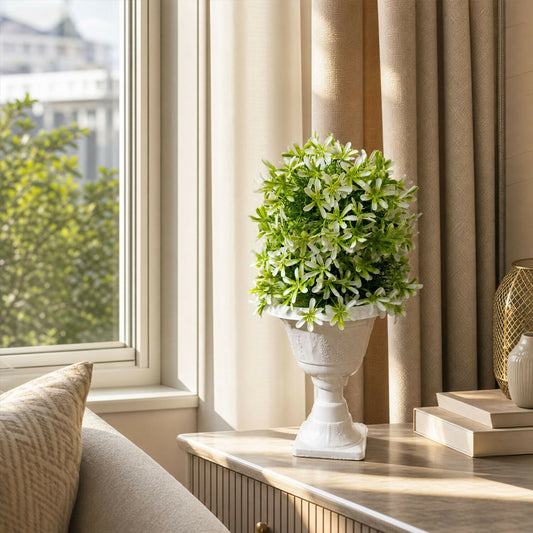 Artificial Green White Flower Ball Topiary Plant in White Pedestal Pot Home Decor