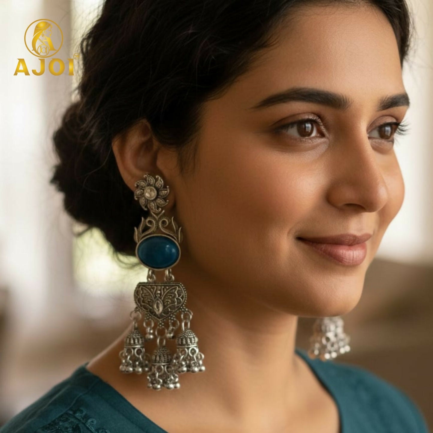 Handcrafted Oxidized Silver Turquoise Stone Jhumka Earrings with Intricate Filigree Work and Multi-Drop Danglers