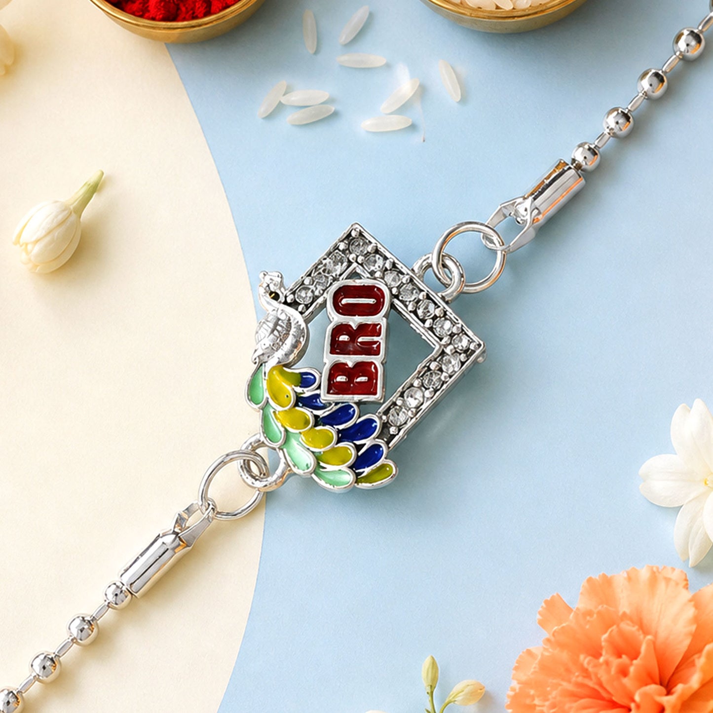 Bro Studded Square Peacock Enamel Silver Chain Designer Rakhi