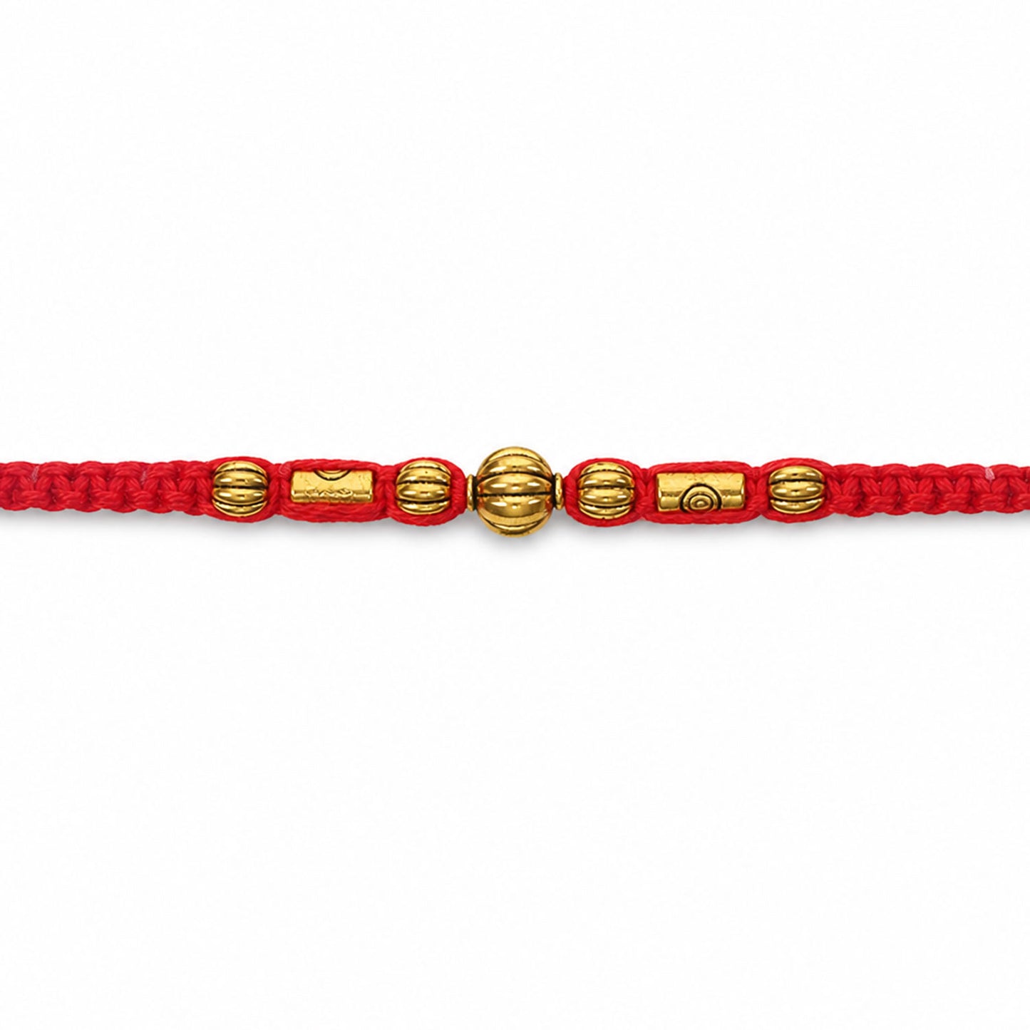 Red Braided Rakhi with a Row of Smooth Golden Bead Accents