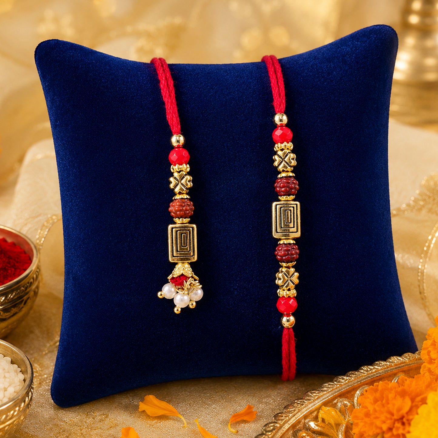 Geometric Spiral Rakhi Pair with Rudraksha Beads for Traditional Couple Gifting Set