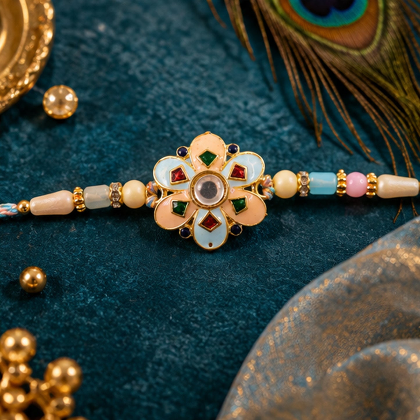 Eight Petal Floral Kundan Pendant Rakhi with Pastel Beads