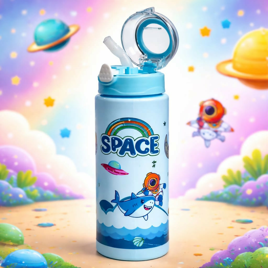 Space themed kids water bottle with leak-proof straw