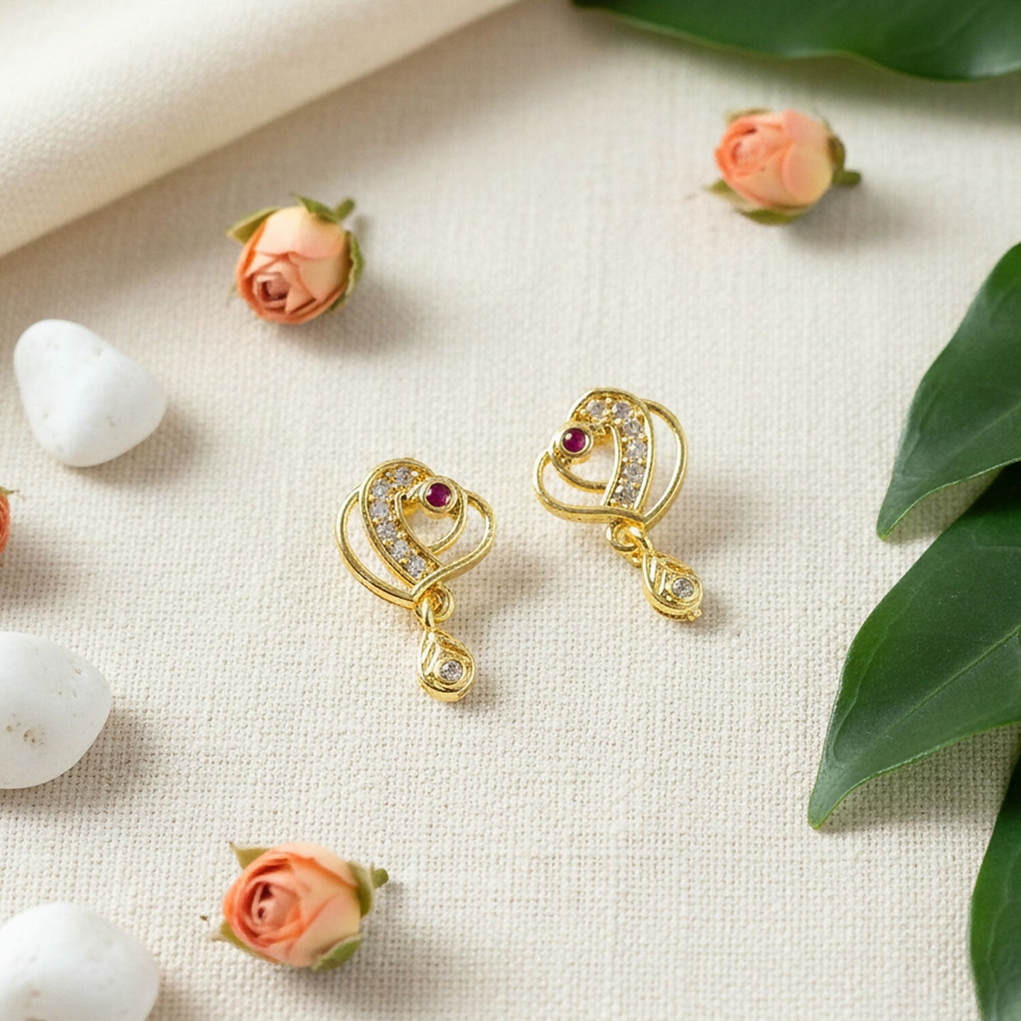 Trendy Geometric Gold Earrings with Sparkling Stones & Drop Charm