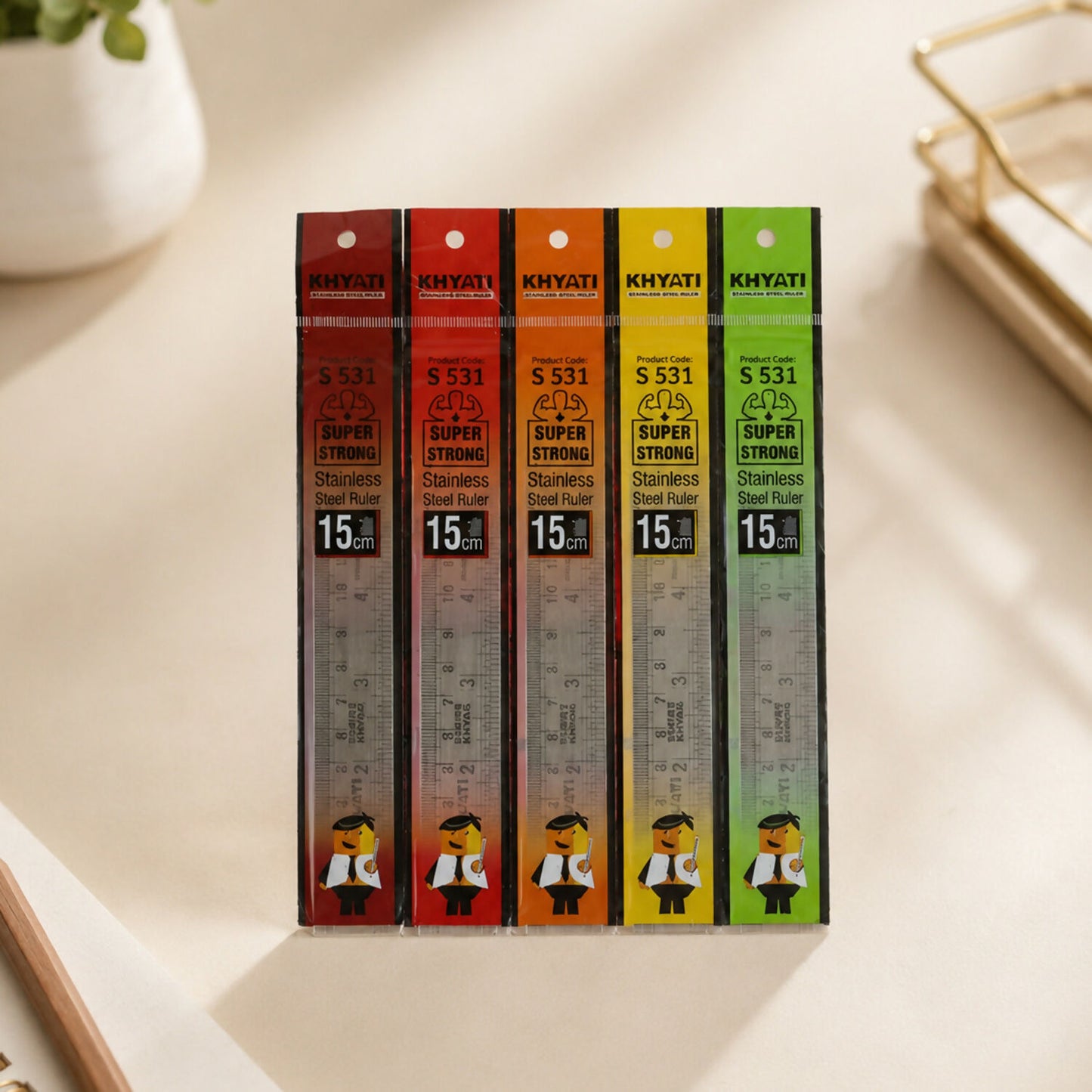 Set of five Khyati 15cm stainless steel rulers stacked