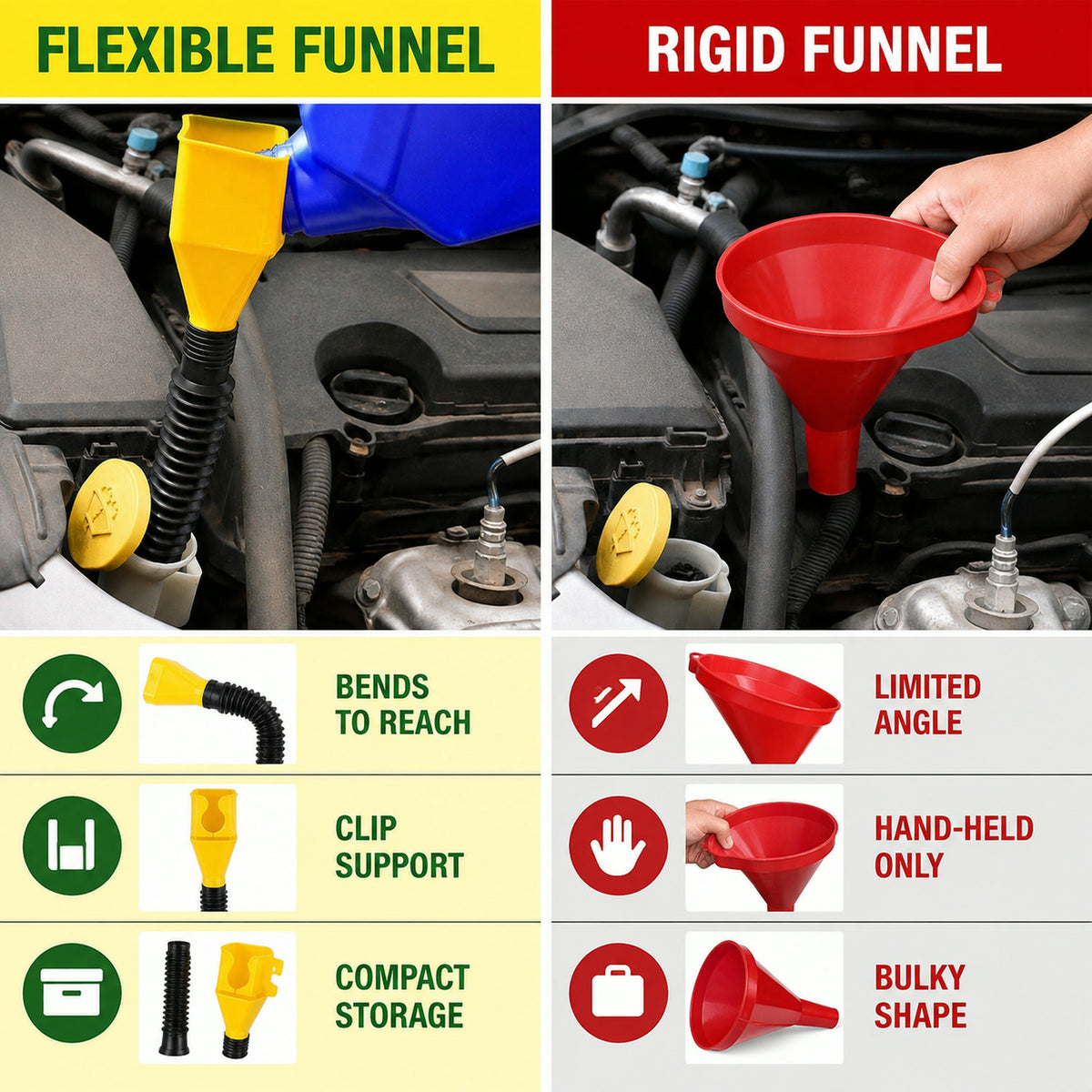 Flexible Plastic Funnel – Spill-Free Car Oil Fuel Filling - product comparison
