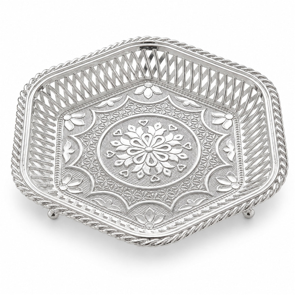 Decorative Silver Serving Tray – Traditional Embossed Floral Design - white background