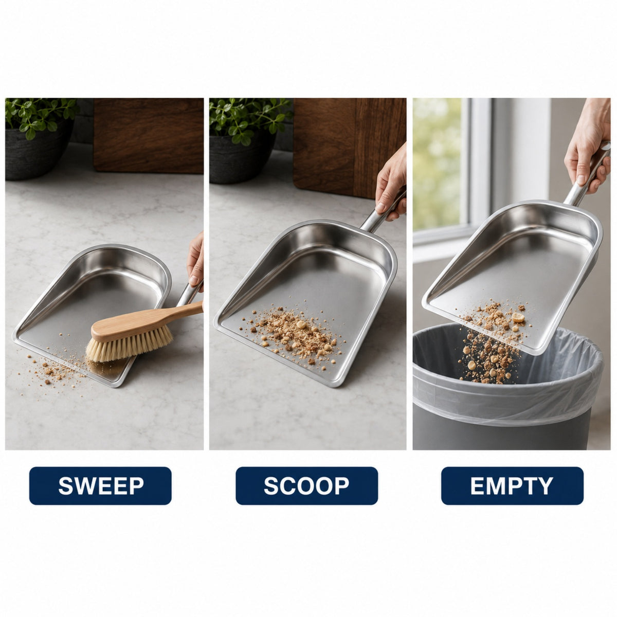 Stainless Steel Dustpan – Heavy Duty Cleaning Tool with Handle - usage guide