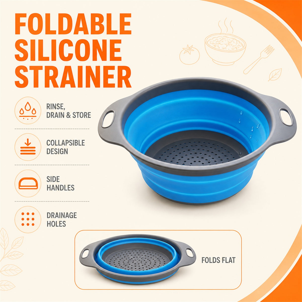 Foldable Silicone Strainer – Space-Saving Kitchen Drainer with Handles - key features