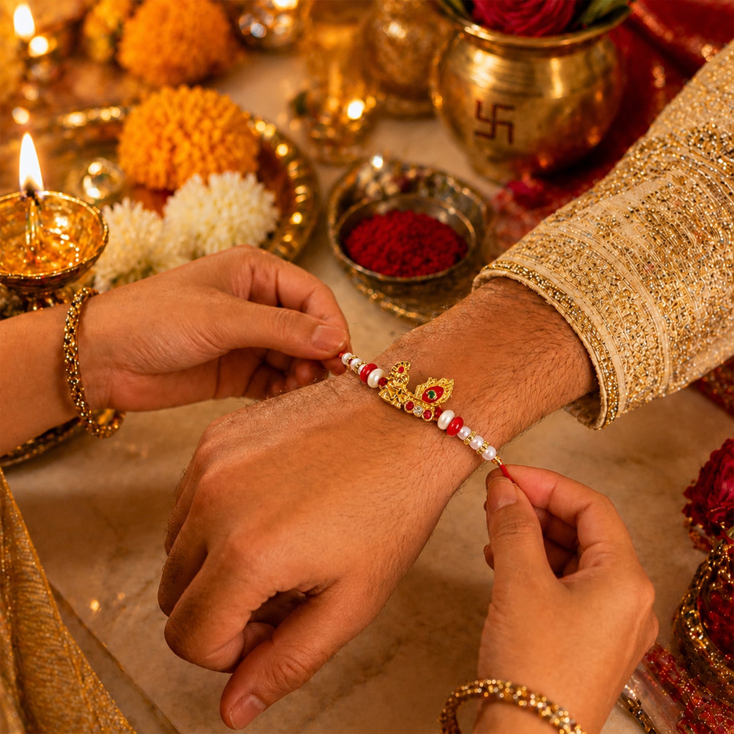 Krishna Mor Pankh Rakhi with Red Pearls and Festive Gold Charm