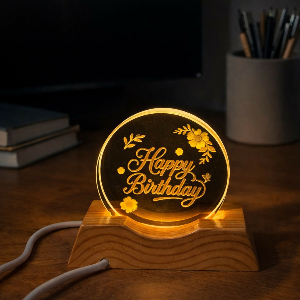 Happy Birthday Acrylic LED Lamp with Wooden Base Floral Decorative Gift